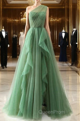 Dark Green A-Line One-Shoulder Sequins Tulle Long Evening Prom Dresses