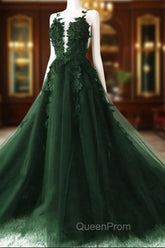 Dark Green A-Line Open Back Tulle Lace Floral Evening Dresses, Green Long Evening Prom Dresses