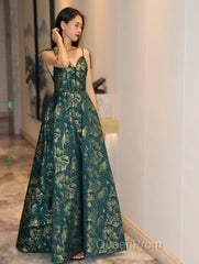 Dark Green A-Line Spaghetti Strap Satin Long Evening Prom Dresses Sweetheart Neckline Retro Bridal Dresses