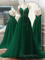 Dark Green A-Line Tulle Lace Long Evening Prom Dresses V Neck Lace Formal Evening Dresses
