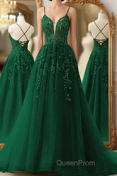 Dark Green A-Line Tulle Lace Long Evening Prom Dresses V Neck Lace Formal Evening Dresses