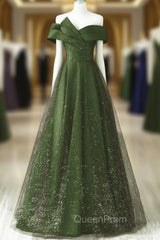 Dark Green and Black A-line Satin Long Party Dresses, Simple Long Evening Prom Dresses