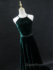 Dark Green Backless Long Evening Prom Dresses, Dark Green Long Formal Evening Bridesmaid Dresses
