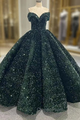 Dark Green Ball Gown Sequins Off the Shoulder Evening Prom Dresses