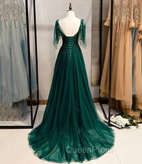 Dark Green Beaded Tulle Straps A-line Evening Dresses, Green Evening Dresses Evening Prom Dresses