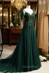 Dark Green Beaded Tulle Straps A-line Evening Dresses, Green Evening Dresses Evening Prom Dresses