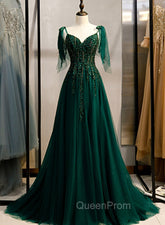 Dark Green Beaded Tulle Straps A-line Evening Dresses, Green Evening Dresses Evening Prom Dresses