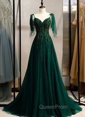 Dark Green Beaded Tulle Straps A-line Evening Dresses, Green Evening Dresses Evening Prom Dresses