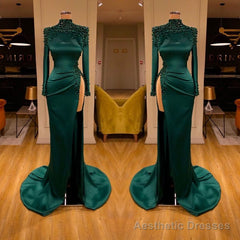Dark Green Beadings Pearl Long Sleeves Evening Gowns Mermaid Prom Dress With Slit