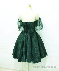 Dark Green Lace Off Shoulder Short Party Dress, Lace Homecoming Dress
