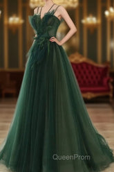Dark Green Long Beaded A-line Evening Dresses Party Dresses, Green Evening Prom Dresses