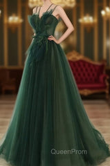 Dark Green Long Beaded A-line Evening Dresses Party Dresses, Green Evening Prom Dresses