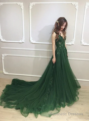 Dark Green Low Back Beaded Lace V-neckline Party Dress A-line Prom Dress Floor Length