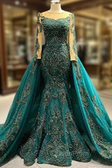 Dark Green Mermaid Long Sleeve Appliques Beading Evening Prom Dresses