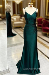Dark Green Mermaid Satin Long Evening Prom Dresses