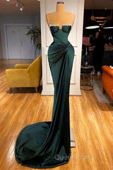 Dark Green Mermaid Spaghetti-Straps Satin Long Evening Prom Dresses With Beadings