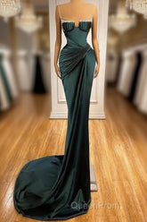 Dark Green Mermaid Spaghetti-Straps Satin Long Evening Prom Dresses With Beadings
