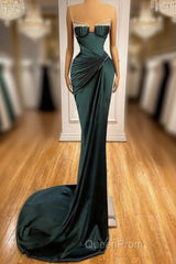 Dark Green Mermaid Spaghetti-Straps Satin Long Evening Prom Dresses With Beadings