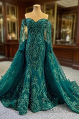 Dark Green Mermaid Tulle Appliques Beading Evening Prom Dresses