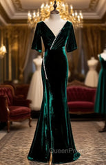 Dark Green Mermaid Velvet Short Sleeve V-neck Evening Prom Dresses