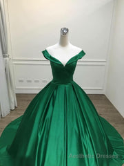 Dark Green Satin Ball Gown Long Evening Dress Prom Dress, Green Formal Dresses