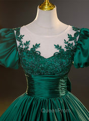 Dark Green Satin Ball Gown Sweet 16 Dresses, Green Long Evening Dresses Party Dresses