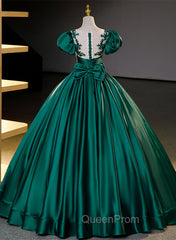 Dark Green Satin Ball Gown Sweet 16 Dresses, Green Long Evening Dresses Party Dresses