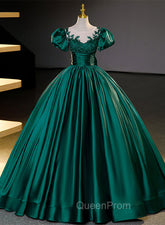 Dark Green Satin Ball Gown Sweet 16 Dresses, Green Long Evening Dresses Party Dresses