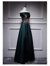 Dark Green Satin Off Shoulder Floor Length Satin Party Dress, Green Prom Dress Formal Dress