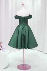 Dark Green Satin Off Shoulder Knee Length Party Dresses, Green Homecoming Dresses Evening Prom Dresses
