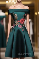 Dark Green Satin Off the Shoulder Appliques Tea Length Evening Prom Dresses