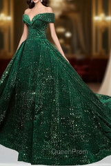Dark Green Sequins Off Shoulder Ball Gown Sweet 16 Dresses, Dark Green Evening Prom Dresses