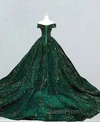 Dark Green Sequins Off Shoulder Ball Gown Sweet 16 Dresses, Dark Green Evening Prom Dresses