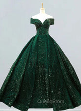 Dark Green Sequins Off Shoulder Ball Gown Sweet 16 Dresses, Dark Green Evening Prom Dresses