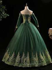 Dark Green Sleeves with Gold Lace Sweet 16 Dresses, Dark Green Long Evening Dresses