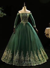 Dark Green Sleeves with Gold Lace Sweet 16 Dresses, Dark Green Long Evening Dresses