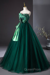 Dark Green Strapless Tulle Long Evening Prom Dresses, Beautiful A-Line Formal Evening Dresses