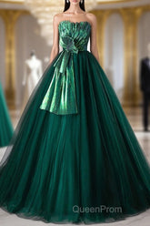 Dark Green Strapless Tulle Long Evening Prom Dresses, Beautiful A-Line Formal Evening Dresses