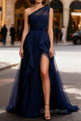 Dark Green Tulle A-Line One-Shoulder Long Evening Prom Dresses