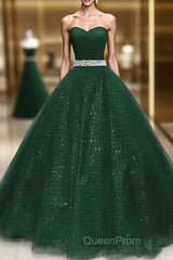 Dark Green Tulle Beaded Long Party Dresses, Green Ball Gown Evening Gown