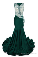 Dark Green V-Neck Sheer Corset Prom Dresses Beaded Mermaid Long Train Evening Gowns