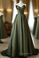 Dark Green V-Neckline Satin Long Evening Prom Dresses, Dark Green Party Dresses