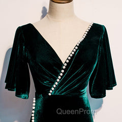 Dark Green Velvet Mermaid Slit V-neckline Evening Dresses Party Dresses, Long Evening Dresses