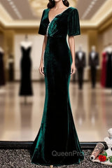 Dark Green Velvet Mermaid Slit V-neckline Evening Dresses Party Dresses, Long Evening Dresses
