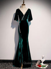 Dark Green Velvet Mermaid Slit V-neckline Evening Dresses Party Dresses, Long Evening Dresses