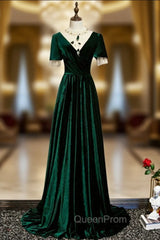 Dark Green Velvet Short Sleeve Open Back Beading Evening Prom Dresses