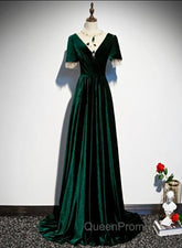 Dark Green Velvet Short Sleeves A-line Bridesmaid Dresses, A-line Wedding Party Dresses Evening Prom Dresses