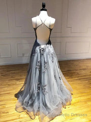 Dark Grey Halter Backless Tulle with Lace Party Dress A-line Grey Formal Dress prom dresses shops