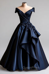Dark Navy A-Line V Neck Satin Long Evening Prom Dresses Simple Applique Evening Dresses