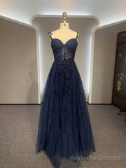 Dark Navy Blue Long Lace Prom Dresses, Dark Navy Blue Long Lace Formal Evening Dresses